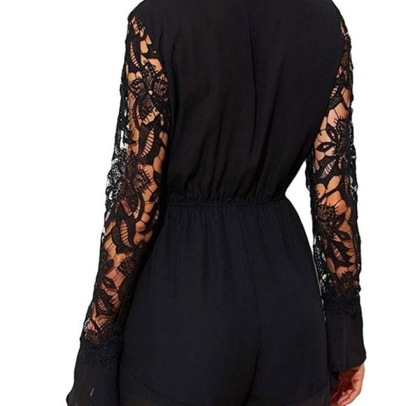 boho Lacey Sleeved Black Romper - Picture 4 of 6
